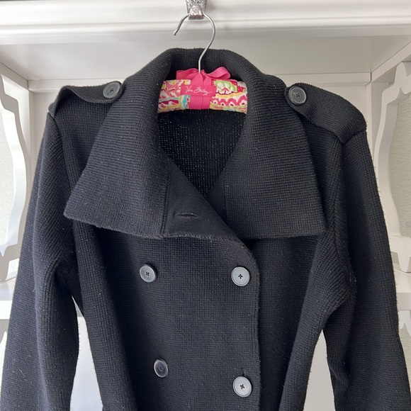 Vince Milano Knit Trench Coat Double Breasted Wool Blend Sweater Black M - Picture 3 of 7